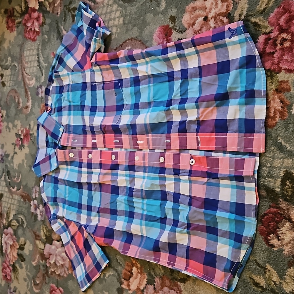 American Eagle short sleeve button up: blue pink and purple plaid